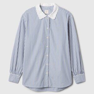 Striped Blue Button-Down Shirt with Eyelet Collar